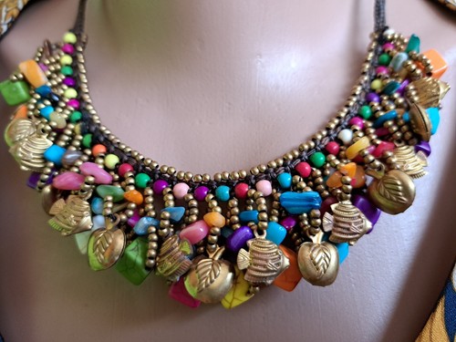 Ethnic Tribal Multicolor Boho Cord Necklace Choker Brass Noisy Left&Fish Pendant - Picture 3 of 15
