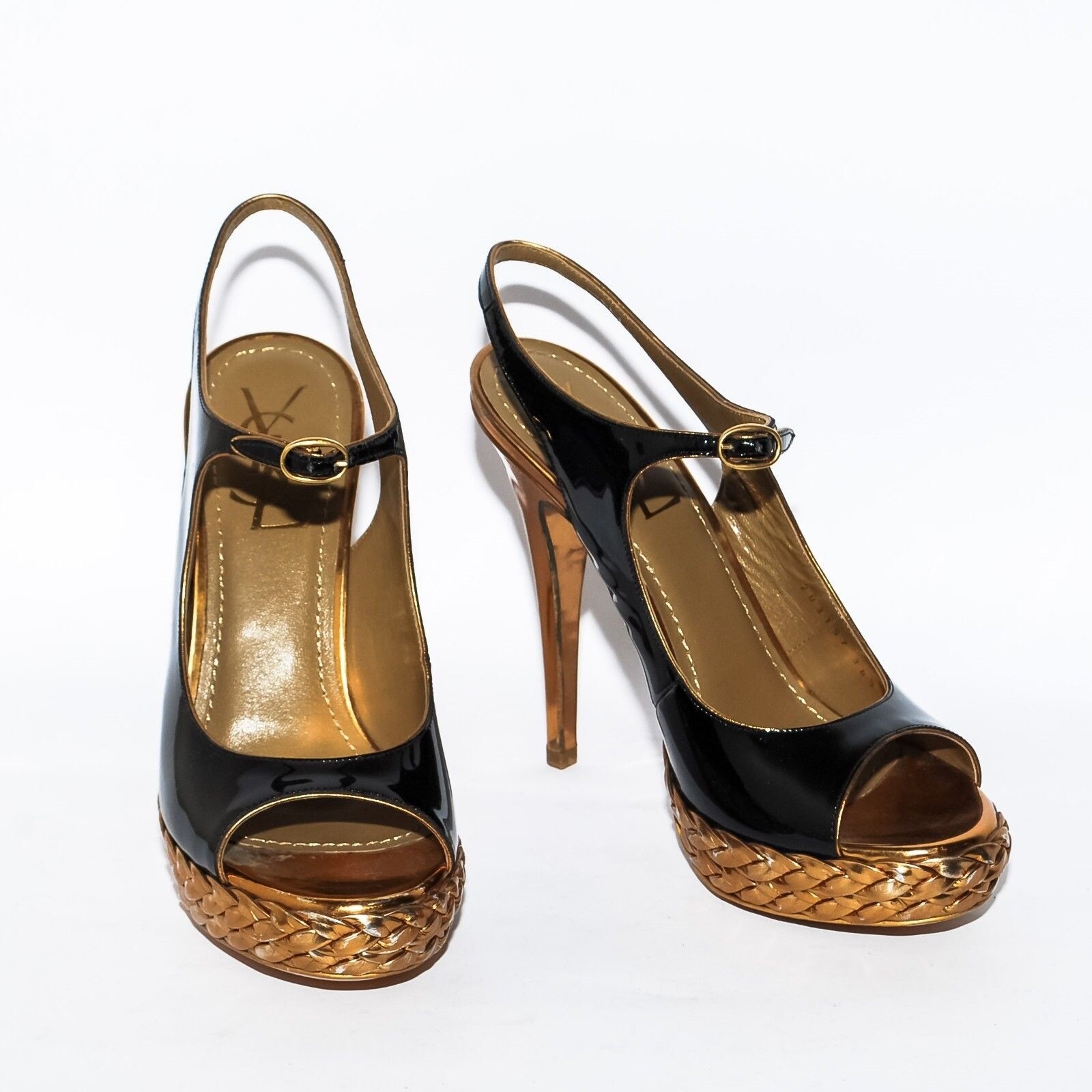 Scarpe Yves Saint Laurent nere tacco alto slingback in pelle verniciata EU 36 5 US 5 5