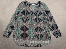 Crown & Ivy Tunic Blouse Large L V-Neck Rayon Relaxed Geometric Colorful