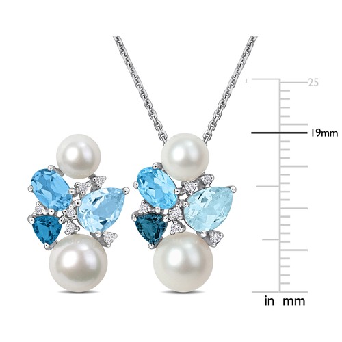 Amour 14K White Gold Topaz Diamond & FW Pearl Earrings, Pendant & Chain Set - Picture 2 of 6