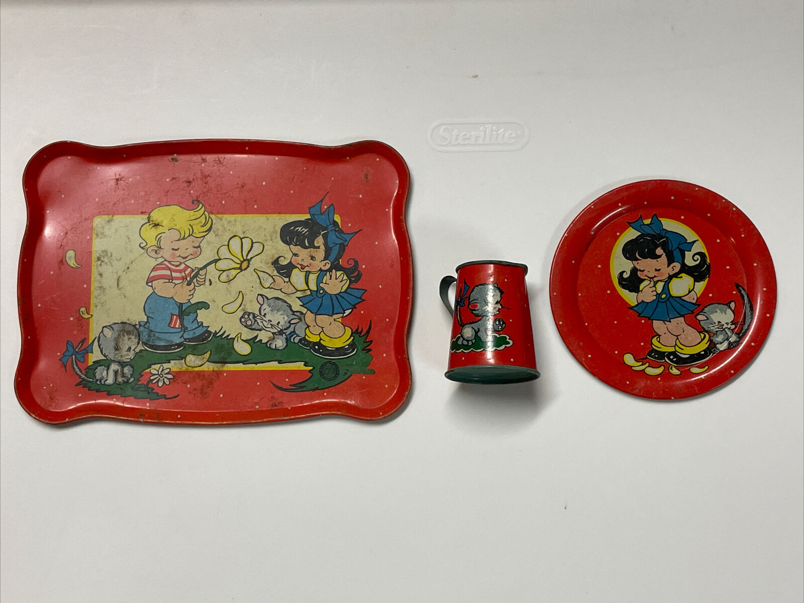Vintage The Ohio Art Co Tin All items in the store Set Our shop OFFers the best service USA Cats Bryan Girl Playing Boy Kittens