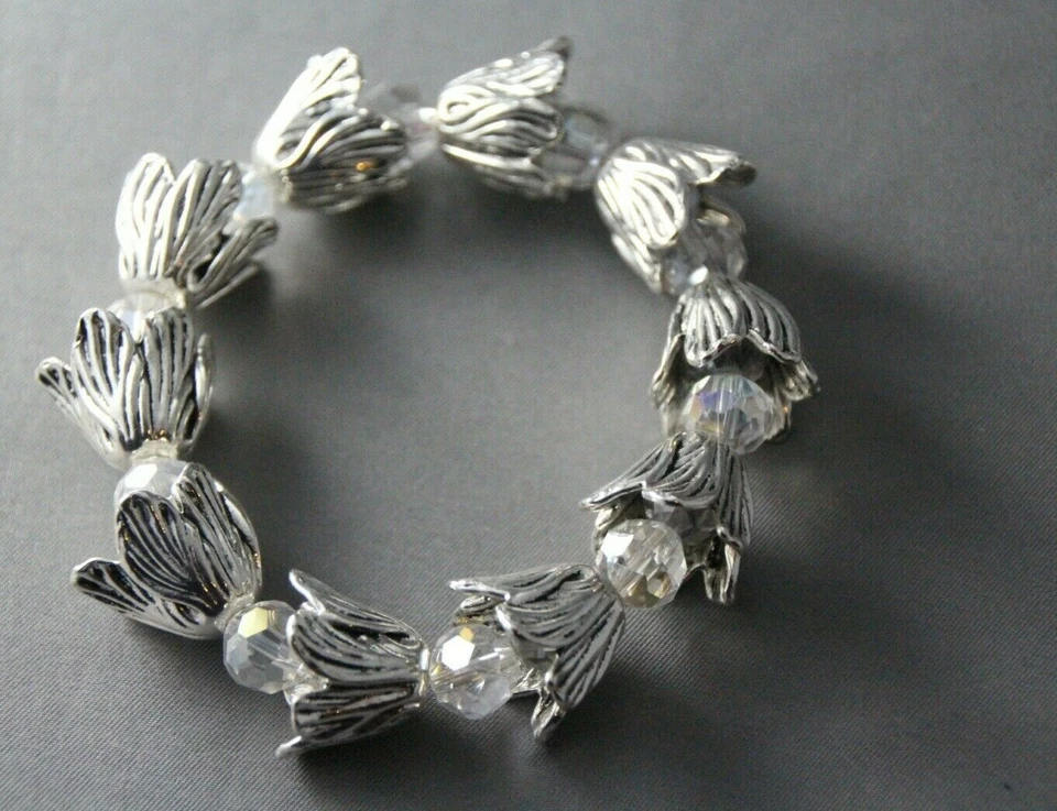 Pulsera elástica cristal flor peltre plata brote facetado cristal transparente talla 6,5 Foto 3 de 4