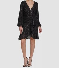 Eliza J Women's Black Sequined Faux-Wrap Fit & Flare Dress Size 14