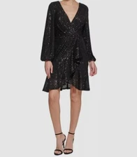 Eliza J Women's Black Sequined Faux-Wrap Fit & Flare Dress Size 14