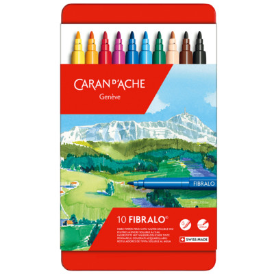 Caran d'Ache Fibralo 10 Fibre Tipped Felt Pens Artist Color Marker Metal Tin Set