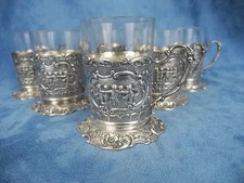 Marshall Fields & CO Set 6 Sterling Silver Demitasse Cups Tea  Coffee w/Glass 