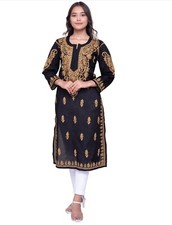 Chikankari kurti aari work black color soft cotton fabric festive  daily wear