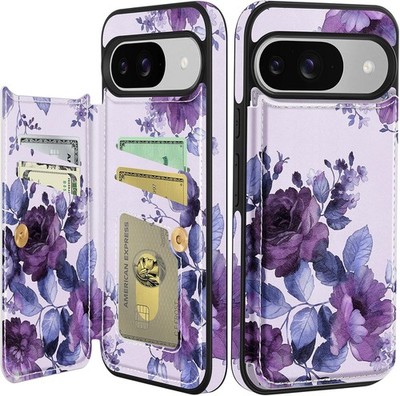 Google Pixel 9/Pixel 9 Pro Wallet Case with Card Holder - Purple Flower Design