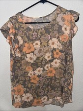 Women's Floral Ruffle Sleeve Blouse - Gray with Peach Cream Flowers