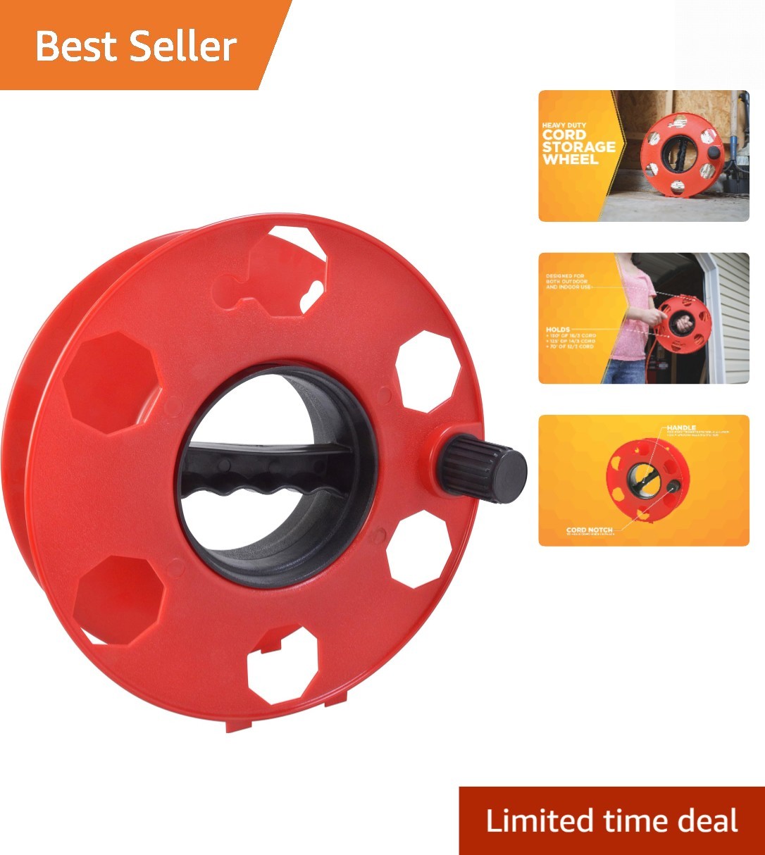 Heavy Duty Cord Storage Wheel - Holds Up to 125 Feet of 16/3 or 110 Feet of 1...