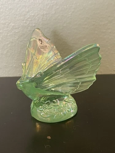 Vintage Fenton Green Iridescent Carnival Glass Butterfly On Flower Base