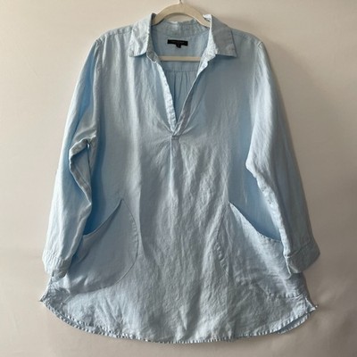 For Cynthia 2X Light Blue 100% Linen Tunic Top Collared Roll Tab Sleeves Pockets