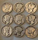Lot of 9 Mercury Dimes: 1917, 1919, 1919-D, 1924, 1937, 1938, 2-1939-D, 1939-S
