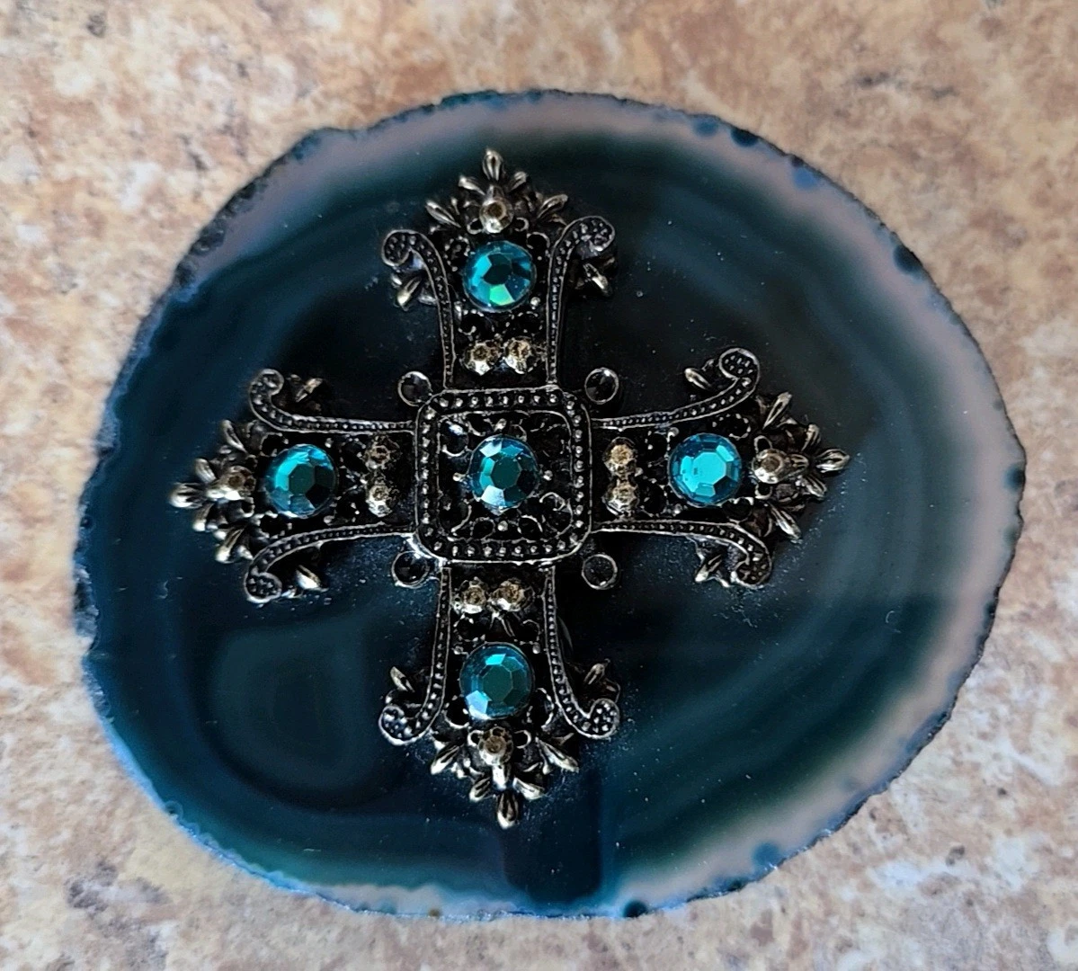 Polished Rainbow Blue Agate Renaissance Cross Belt Buckle Made In The USA