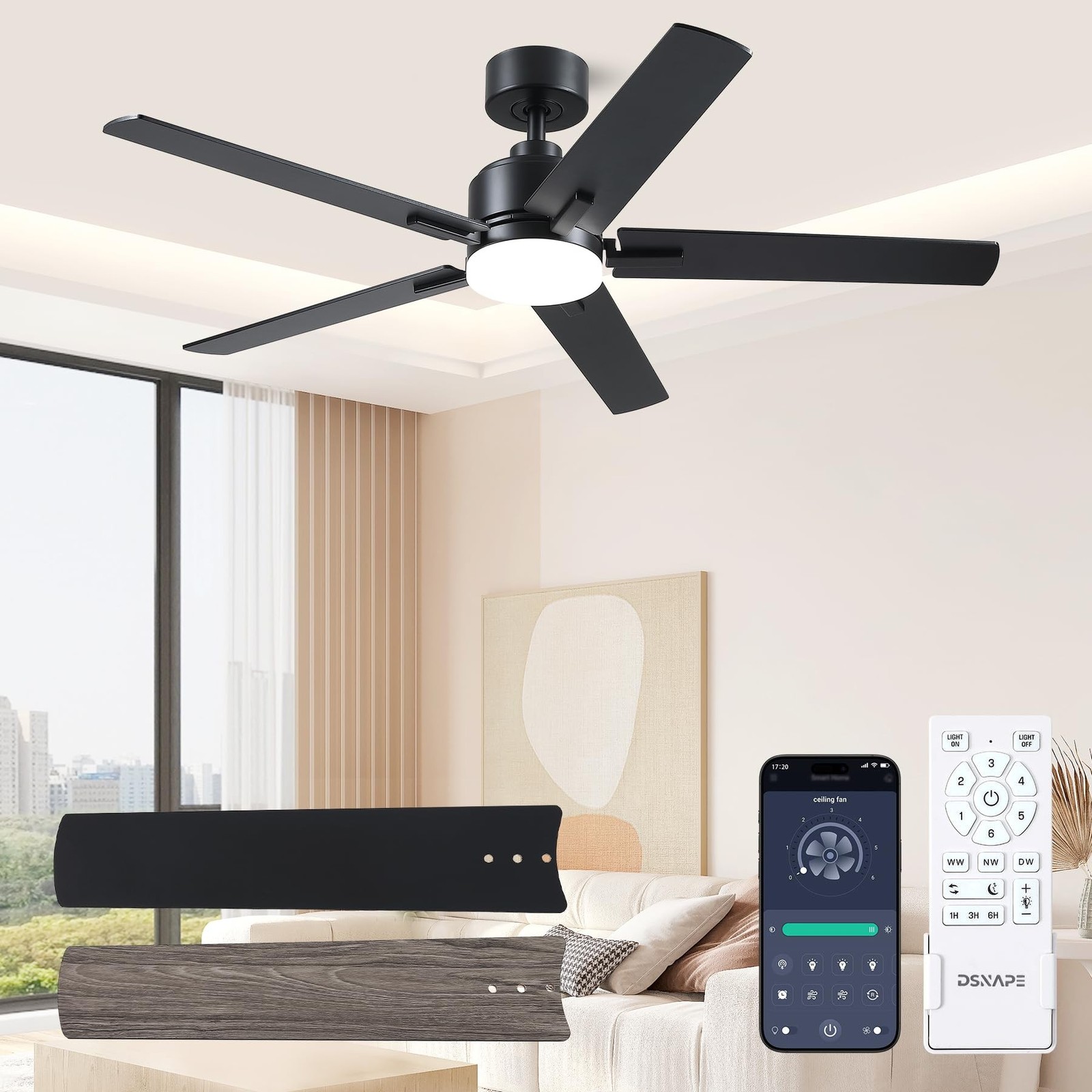 52 Inch Black Ceiling fan with Lights, Ceiling Fan with Lights and Remote/APP...