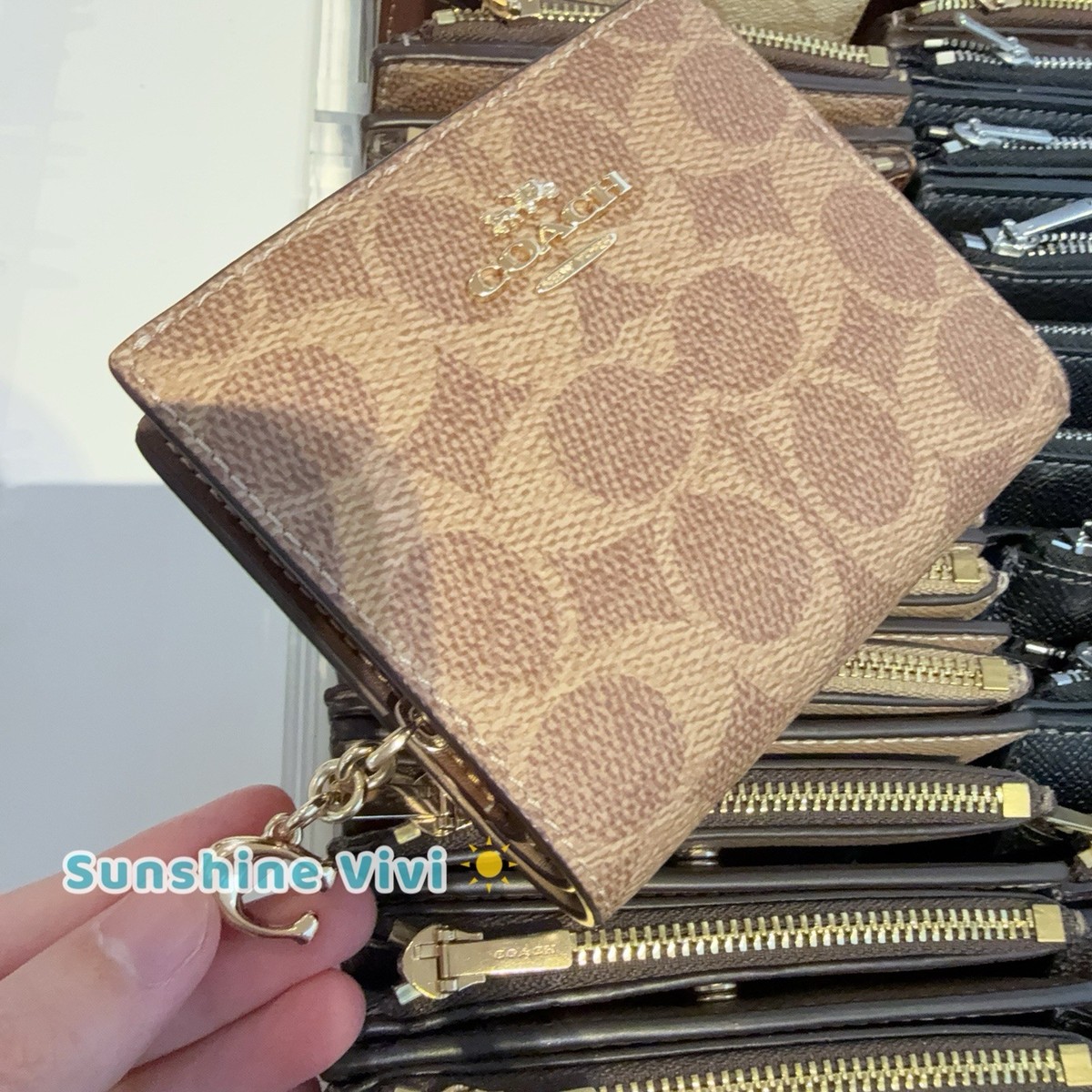 Coach Snap Wallet CW789 Signature Canvas w/C Charm Gold/Tan/Brown