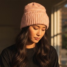 NEW Satin Lined Womens Winter Knitted Beanie Hat Light Pink Cap Curly Girl