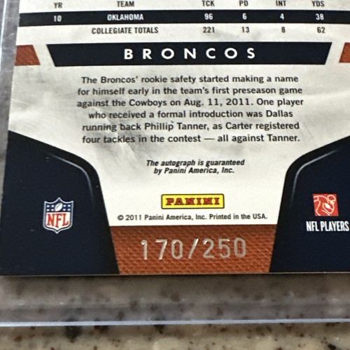 Quinton Carter 2011 Certified #225 New Generation Red Auto 170/250 RC Broncos - Picture 3 of 3