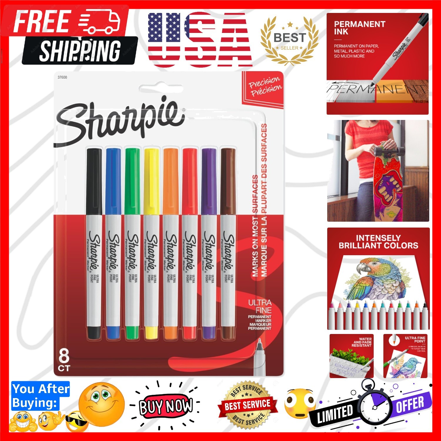 376PP Permanent Markers, Ultra Fine Point, Classic Colors, 8 Count