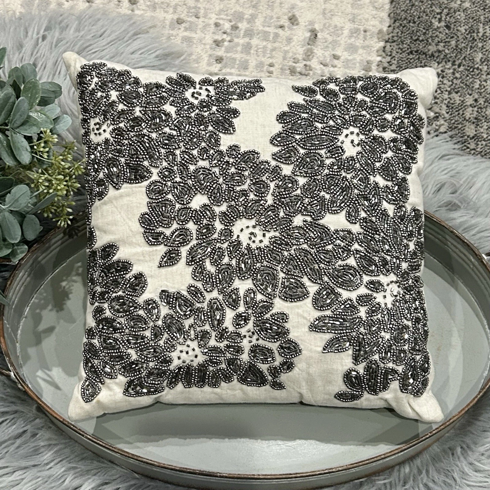 Beaded Linen Throw Pillow Dark Charcoal Beaded 12X12 Pillow Cover With Insert