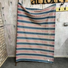 Vintage Retro Homemade Sun Screen Wood & Bamboo Pole Faded Striped Fabric