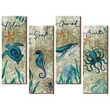 4 Pieces Beach Bathroom Decor Wall Sign Ocean Decor Sea Turtle Wall Art Nauti...