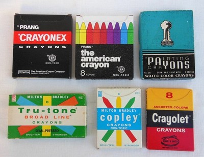 6 Vtg. Crayon Box's ALL COMPLETE Prang, Tru-Tone, Copley, Crayolet, Old Faithful