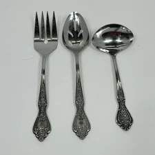Normandy Rose Floral Stainless Japan 3 Serving Set Fork Slotted Spoon Gravy