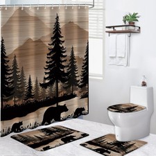 4PCS Rustic Lodge Cabin Bear Shower Curtains Set, Brown and Black Hunting Forest