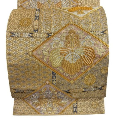 Japanese Kimono Fukuro Excellent bag obi paulownia arabesque phoenix gold and