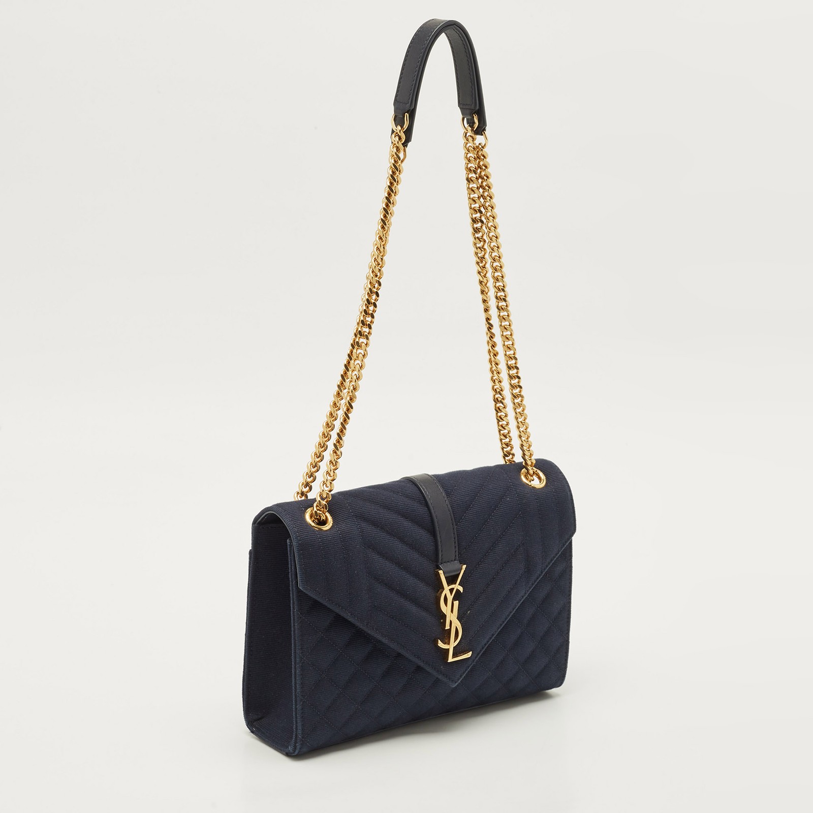 Borsa a tracolla Saint Laurent blu navy misto tessuto matelasse busta media