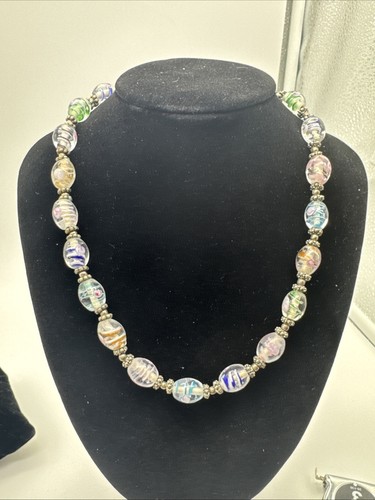 8 Inch Glass Beaded Necklace With Silvertone  Accents
