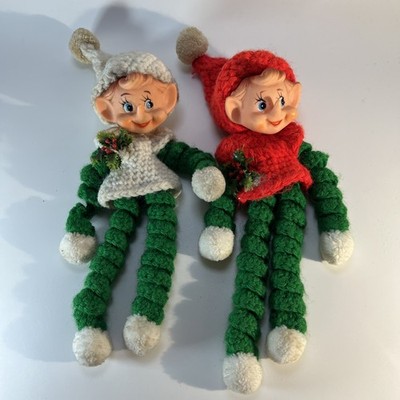 Vintage Christmas Handmade Crocheted Hanging Elf Pixie Red & Green Set Of 2