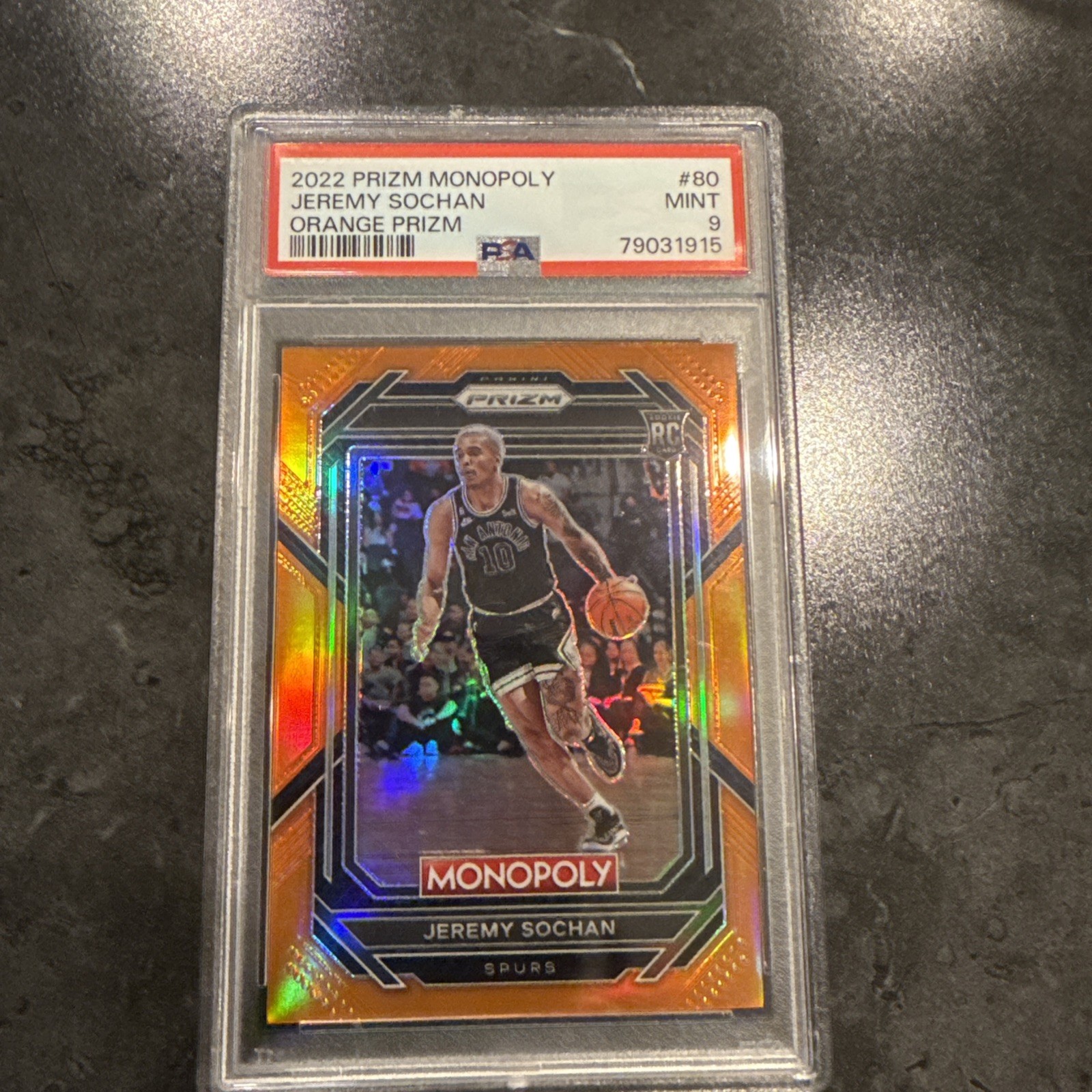 2022-23 Panini Prizm Monopoly Jeremy Sochan ORANGE Parallel /124 SSP #80 PSA 9