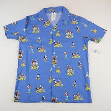 Disney Shirt Mens Medium Blue Mickey Donald Goofy Pluto Button Up Allover Print