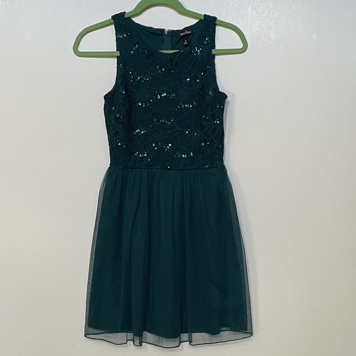 Speechless Dress Juniors Womens Sz 3 Emerald Green Lace Sequins Mesh  Sleeveless | eBay