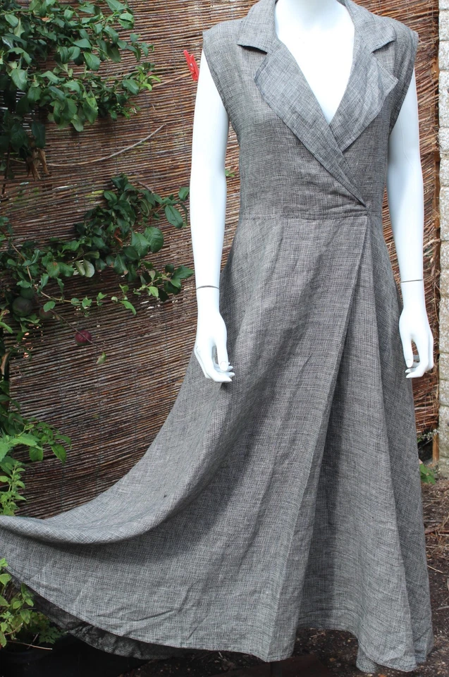 SHERIDAN BARNETT London Fabulous VTG  1980s Black & White Linen Long Dress UK 12 - Image 2 of 4