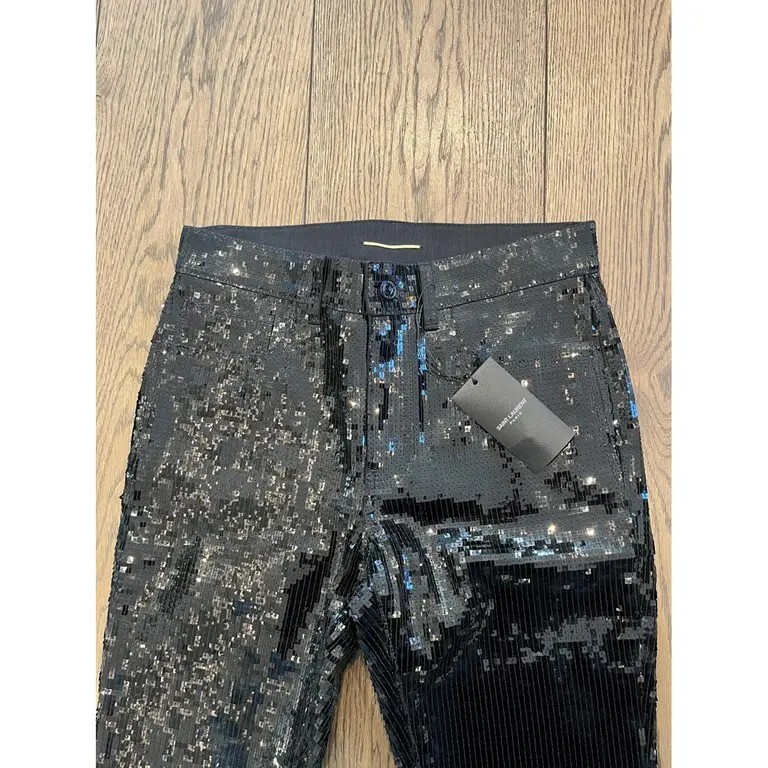 Pantalone Saint Laurent skinny gamba nero paillettes taglia UK 10 nuovo con etichette.