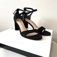 Via Spiga Women s 7.5 Wendi Suede Open Toe Buckle Ankle Wrap Heels Black