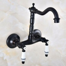 Oil Rubbed Bronze Bathroom Basin Sink Faucet Dual Handles Mixer Tap Wall Mounted