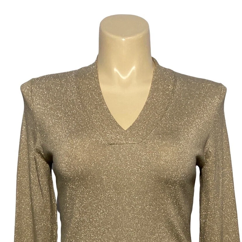 Suéter Cullen GRANDE Dorado Metálico Beige Tejido 3/4 Sl Cuello en V Top Informal Trabajo Foto 2 de 4