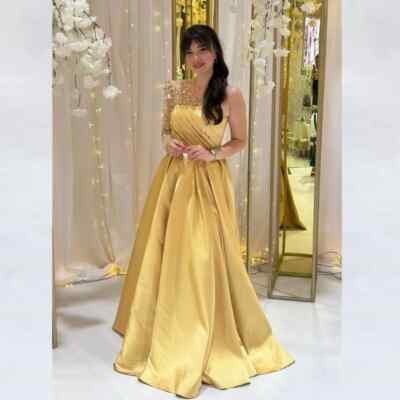 Satin Yellow Sequined Evening Dresses A-line Sexy One-shoulder Prom Gowns Train