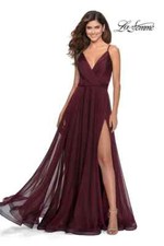 LA FEMME Garnet Wine V-Neck Ruched Pleated Chiffon Hi-Slit Maxi Gown Dress 0 XS