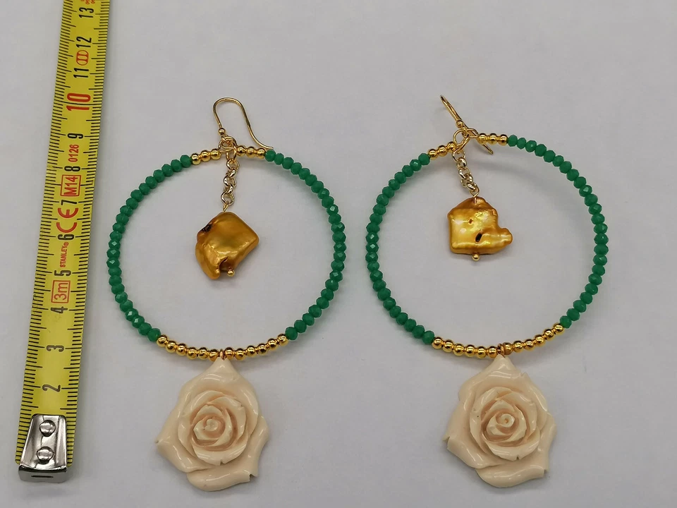 orecchini grandi cerchio da donna perle agata rose colore avorio FATTO IN ITALIA - Immagine 4 di 4