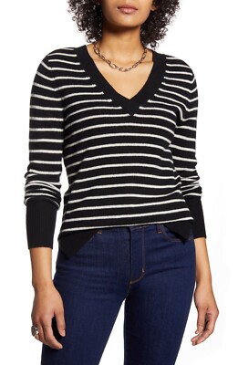 NEW Halogen V-Neck Cashmere Striped Sweater in Black/White Size L #S6300 