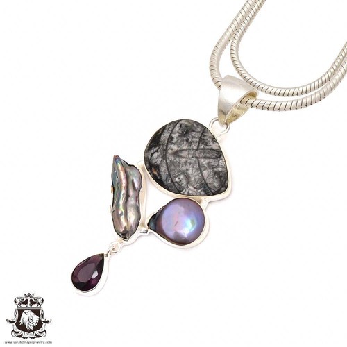 Orthoceras Pearl Amethyst Pendant Gemstone Necklace • Minimalist Necklace P9096 - Picture 2 of 10
