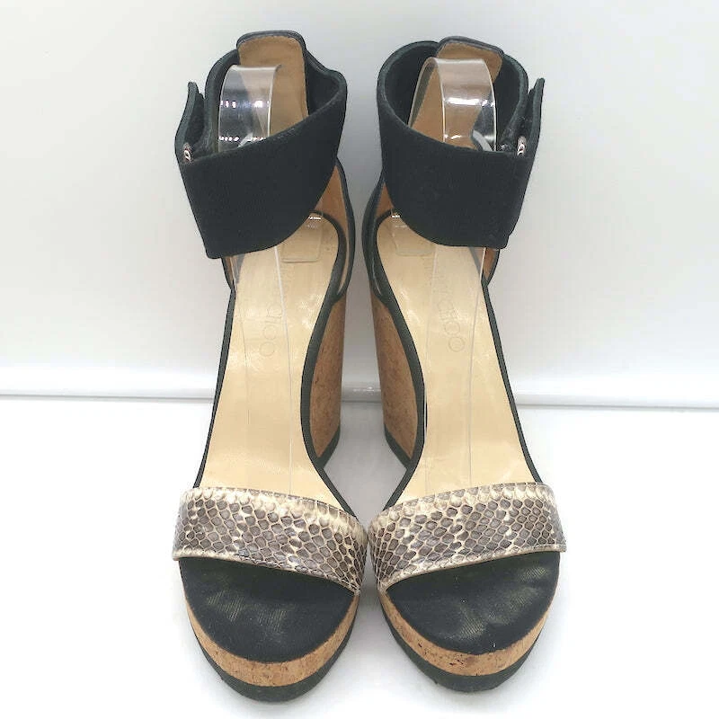 Sandalias de cuña de corcho Jimmy Choo Neston piel de serpiente y cuero negro talla 38,5 Foto 4 de 4