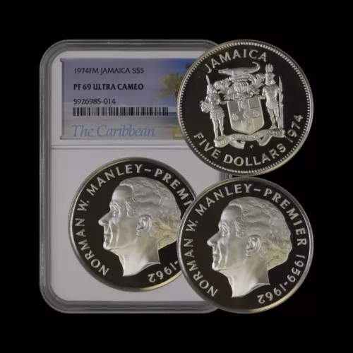 JAMAICA. 1974, 5 Dollars, Silver - NGC PF69 - Top Pop 🥇 Norman Manley
