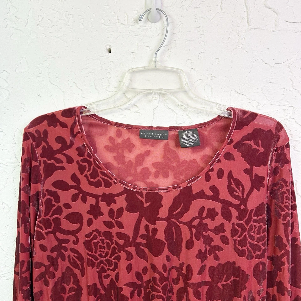 y2k винтажный красный цветочный бархат выгорания декольте длинным рукавом Топ размер средний - Изображение 2 из 4