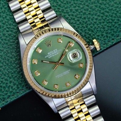 Rolex Mens Datejust 16233 Two-Tone 18KY & SS Olive Green Diamond